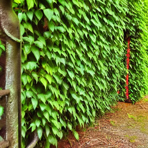 Image similar to photo realistic, high level of detail, high resolution, 3 5 mm lens : ( subject = red steel pillar + ( object = vines + object detail = green, lush ) ) + ( perspective = diminishing scale + low focal point, low focus distance )