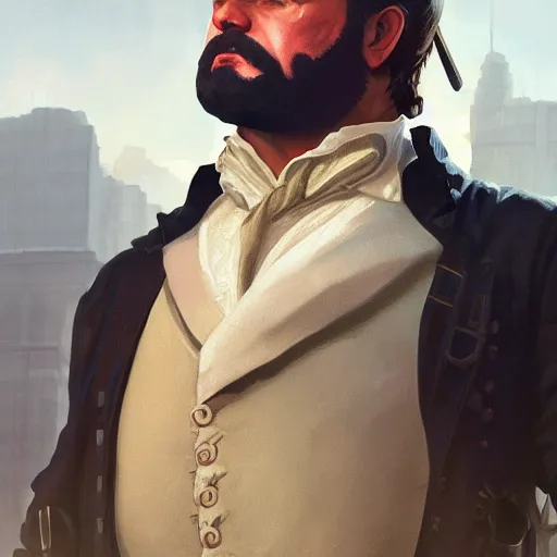 Image similar to [Paul Revere as GTA character, closeup, intricate, elegant, highly detailed, digital painting, artstation, concept art, matte, sharp focus, illustration, art by Artgerm and Greg Rutkowski and Alphonse Mucha]