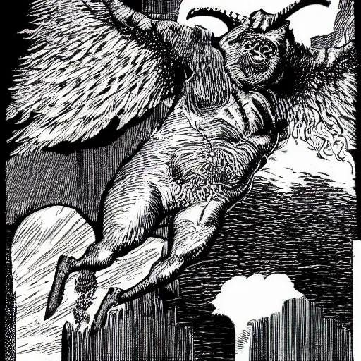 Image similar to winged flying pig with unicorn horn, richard corben style, black and white, stipple