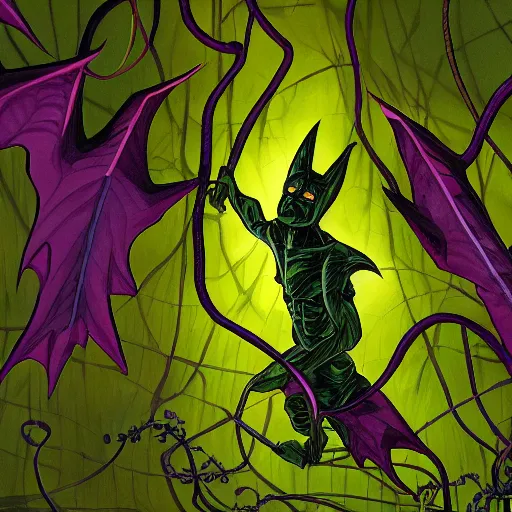 Image similar to a giant bat deep purple and green vines, swamp, genndy tartakovsky, primal, studio la cachette, scary lighting