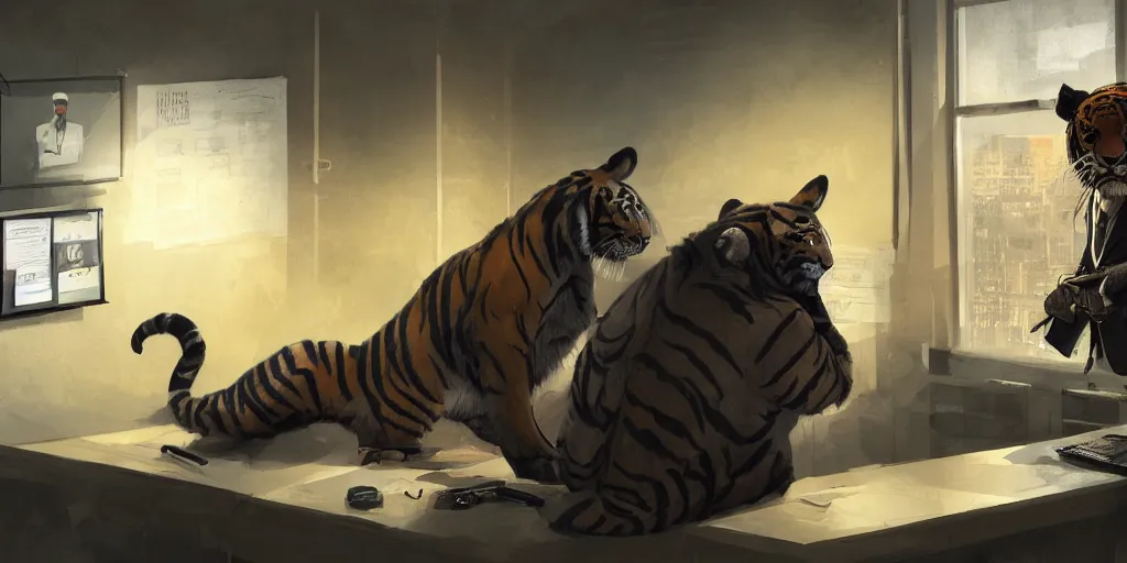 Prompt: a tiger in a suit is being interrogated by a detective dog at the police station, zenith view, warm color palette, night time, dramatic lighting, noir film, fine details, high contrast, blacksad, kim jung gi, greg rutkowski, trending on artstation, 8 k, ultra wide angle