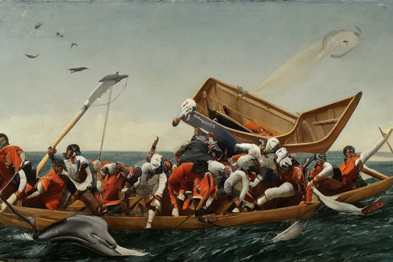 Prompt: a rowboat filled with nfl players in pads and helmets, one has a harpoon, they are chasing a whale, american oil painting