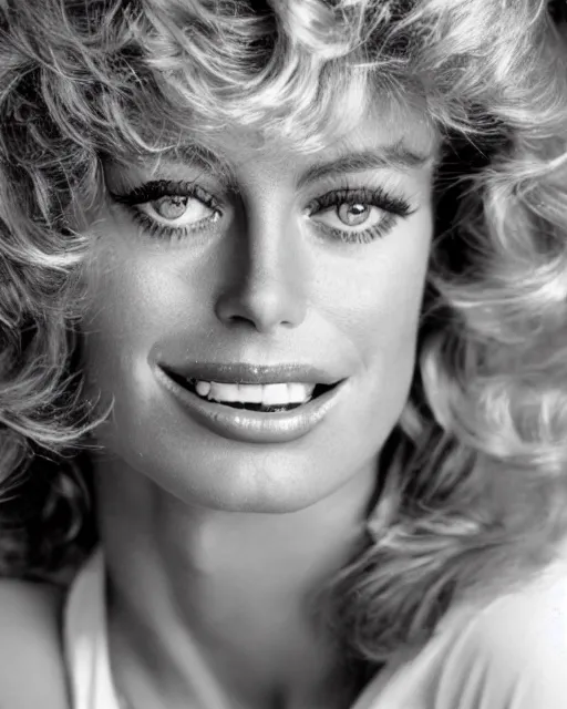 Image similar to closeup portrait of a beautiful young farrah fawcett in a sports illustrated photoshoot, rim lighting, glamour pose, hyper realistic, soft lighting,,, hd, octane, arney freytag!!!