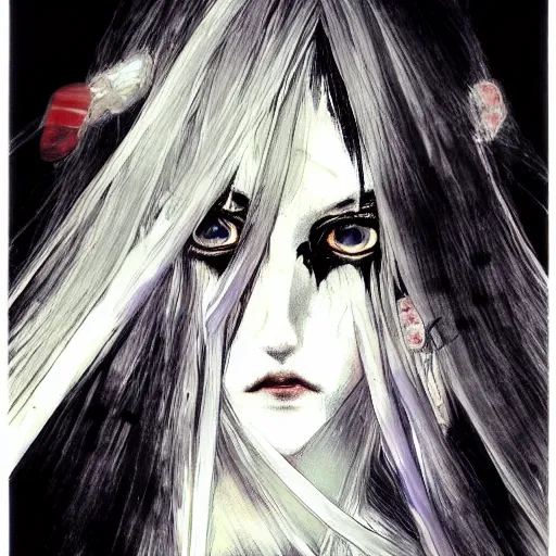 Image similar to yoshitaka amano blurred and dreamy realistic illustration of an anime girl with wavy white hair and cracks on her face wearing elden ring armour with the cape fluttering in the wind, abstract black and white patterns on the background, noisy film grain effect, highly detailed, renaissance oil painting, weird portrait angle