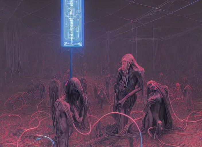 Image similar to satanic ritual, neon, they are watching, RGB, glowing wires everywhere, pristine, by Edgar Maxence and Ross Tran, Zdzisław Beksiński, and Michael Whelan, distant, gustav dore, H.R. Giger, 8k, octane render