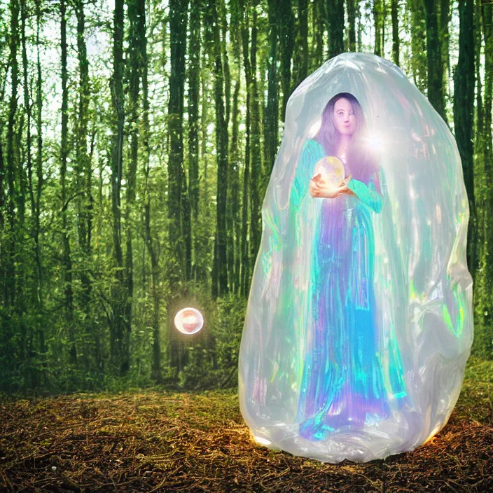 Image similar to a closeup portrait of a woman wrapped in plastic, standing next to a levitating iridescent orb, in a forest, color photograph, by vincent desiderio, canon eos c 3 0 0, ƒ 1. 8, 3 5 mm, 8 k, medium - format print