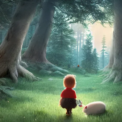 Prompt: a cottagecore illustration of a cartoon child with his pet rabbit lost in the woods, surrounded by many trees. The trees have angry faces , studio Ghibli, Pixar and Disney animation, sharp, Rendered in Redshift and Unreal Engine 5 by Greg Rutkowski, Bloom, dramatic lighting, moonlit, H 768