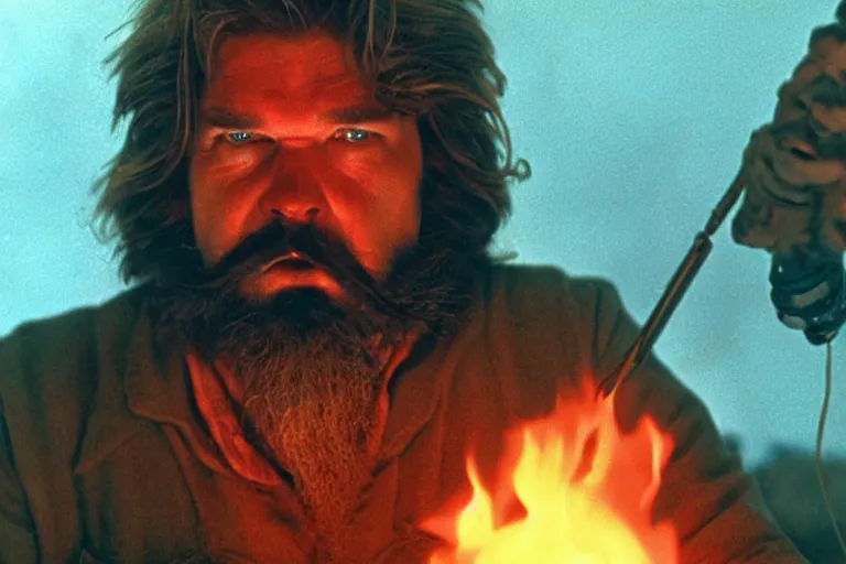 Image similar to scary filmic closeup color ground level angle movie still 35mm film color photograph of Kurt Russel with a beard and mustache burning an abstract alien organism from The Thing 1982 with a flamethrower, in the style of a horror film