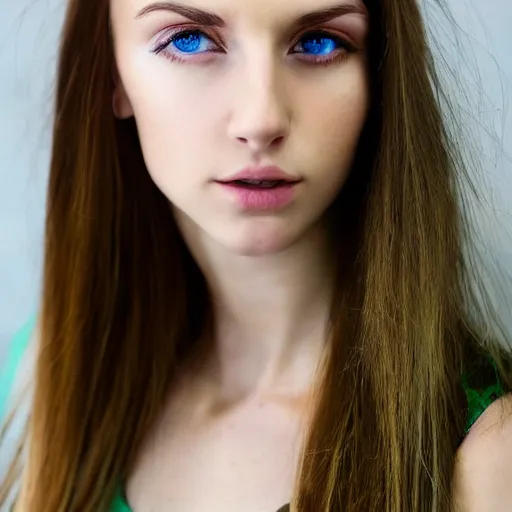 Image similar to brunette with dyed blonde hair, 21 years old, 165 cm tall, long flat hair, blonde, green eyes, 20% smaller nose, small mouth, round shaped face, big forehead, lop eared, thin eyebrows, real life Carl Zeiss optics photo