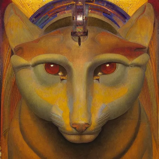Prompt: masterpiece painting of an ancient polychrome sculpture of a mechanical cat head, by annie swynnerton and diego rivera and nicholas roerich and jean delville, symbolist, dramatic lighting, god rays, elaborate geometric ornament, art brut, rich colors, smooth sharp focus, extremely detailed, adolf wolfli