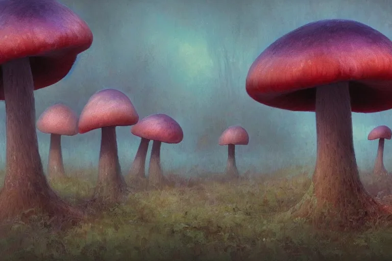 Image similar to mushroom forest by Shaun Tan and Hiroshi Yoshida, trending on artstation