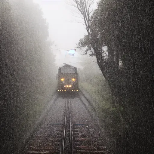 Prompt: dramatic train on hill riding through rain in fog, dramatic light 8 k