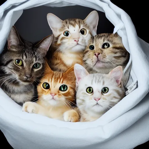 Image similar to a highly detailed photo of multiple furry cats inside a big bag, white background, studio lighting, 4 k, 8 k