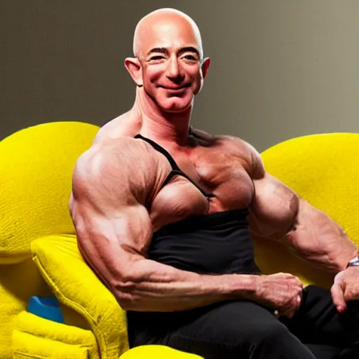 Image similar to portrait photo of swole jeff bezos cosplaying as lou ferrigno's incredible hulk while wearing yellow oven mitts and reclining in a lounge chair