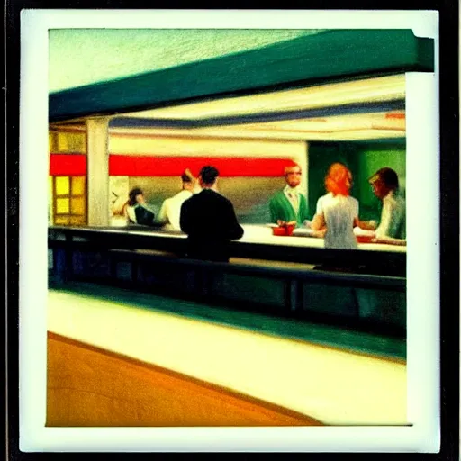 Prompt: a polaroid photo of people at a diner, Edward Hopper composition, detailed, hq, lens flare, realistic