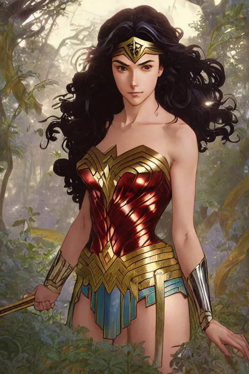 Prompt: anime key visual of a beautiful young female wonder woman intricate, magical forest, stunning, highly detailed, digital painting, artstation, smooth, hard focus, illustration, art by artgerm and greg rutkowski and alphonse mucha