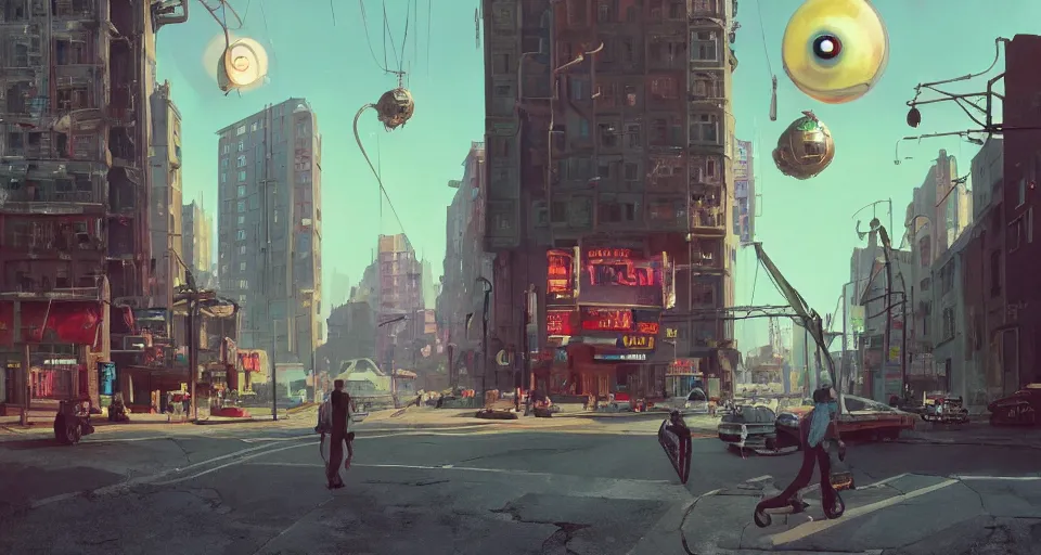 Prompt: A 1950s city scene with a giant Mecha EYEBALL looming overhead, rendered by simon stålenhag, rendered by Beeple, Makoto Shinkai, syd meade, environment concept, digital art, unreal engine, 3 point perspective, WLOP, trending on artstation, low level, 4K UHD image, octane render,