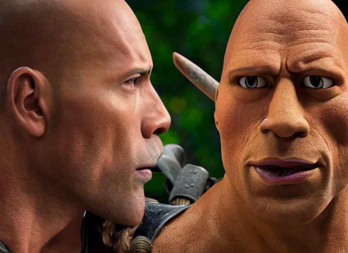 Image similar to film still of dwayne the rock johnson as pinocchio in the new pinocchio movie, 4 k, highly detailed face, detailed eyes