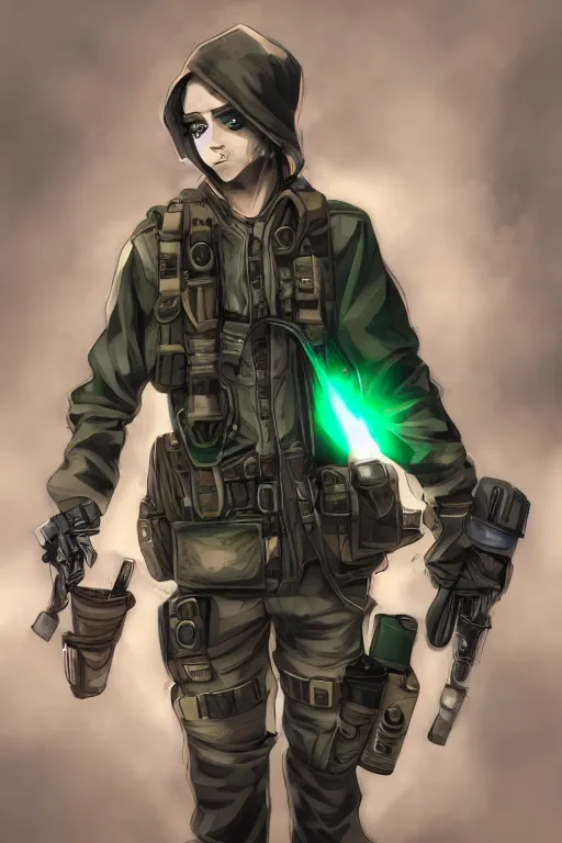 Image similar to a saboteur carrying multiple bombs and bullets in his body, green eyes, highly detailed, digital art, sharp focus, ambient glow, trending on art station, anime art style