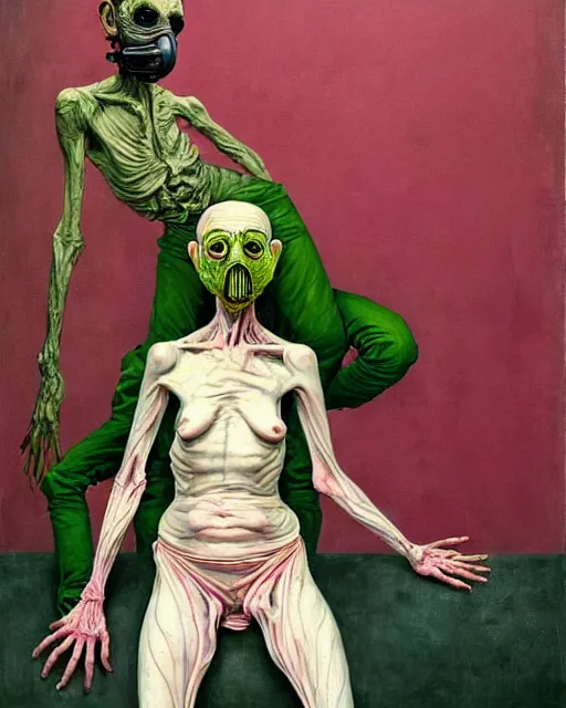 Image similar to two skinny old people with extra limbs, wearing gas masks and robes of gold, green and pink, cinematic, dystopian, eerie, horror, gothic, highly detailed painting by Jenny Saville, Esao Andrews, Francis Bacon, !!!Edward Hopper!!! surrealism, art by Takato Yamamoto and James Jean