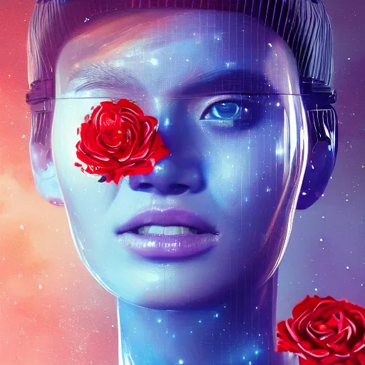 Prompt: 3 d, sci - fi, close - up, smiling fashion model face, stars, cinematic, clouds, sun rays, vogue cover style, poster art, blue mood, realistic painting, intricate oil painting, high detail illustration, small red roses, figurative art, multiple exposure, poster art, by tooth wu and wlop and beeple and greg rutkowski