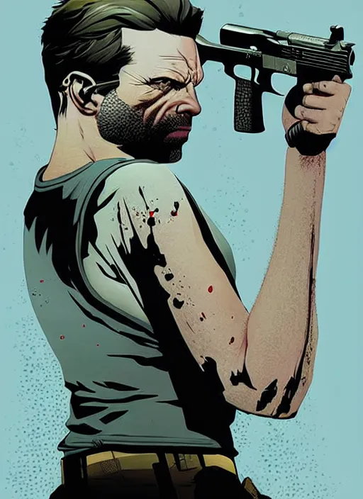 Prompt: poster artwork by Michael Whelan and Tomer Hanuka, a portrait of Max Payne dying from gunshot wounds, clean