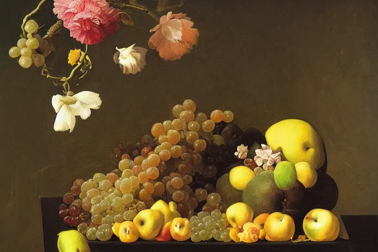 Image similar to zero gravity still life with floating flowers and fruit in the style of the dutch masters, dark and moody