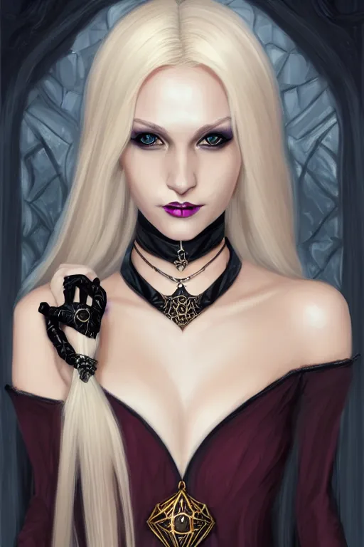 Prompt: portrait of a gorgeous female sorceress, looking at camera, D&D, choker on neck, stylish dark dress, arcane symbols, very long flowing blond hair, intricate, elegant, stylish, cute slightly nerdy smile, mouth slightly open, fantasy, extremely detailed, digital painting, artstation, concept art, smooth, sharp focus, illustration, stunning lighting, art by artgerm and greg rutkowski and alphonse mucha and simon stalenhag