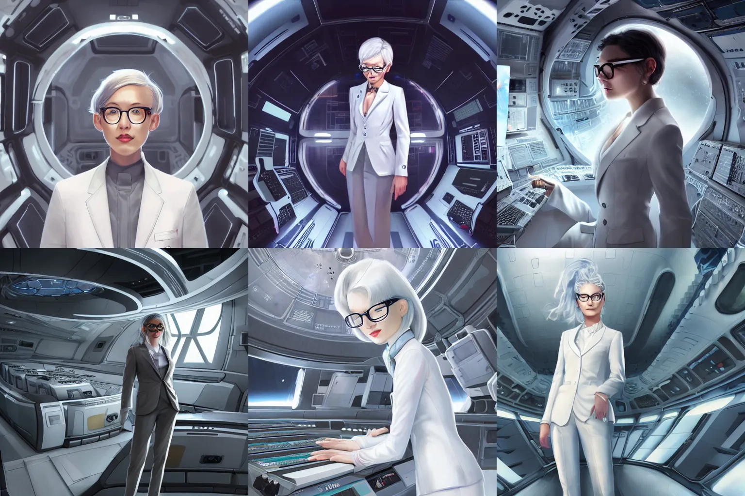 Prompt: a beautiful girl wearing a white suit and grey hair, wearing glasses, standing in the middle of a spaceship console room | | cute - fine - face, pretty face, fine details by stanley artgerm lau, wlop, rossdraws, james jean, andrei riabovitchev, marc simonetti, and sakimichan, trending on artstation