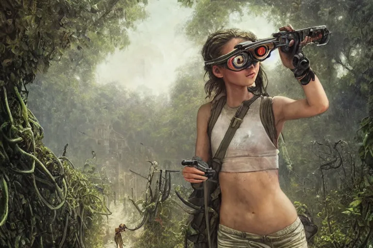 Image similar to artstation concept of a beautiful adventurous girl wearing goggles holding a machine pistol, sweaty skin, symmetrical face, high body detail, ripped up field fatigues, jungle background with ruins, vines, hyperdetailed, artstation trending, world renowned artists, worth1000.com, cgsociety, by greg rutkowski, by Gustave Doré, by Marco Turini, by Artgerm, Deviantart in the style of Tom Bagshaw, Cedric Peyravernay, Peter Mohrbacher