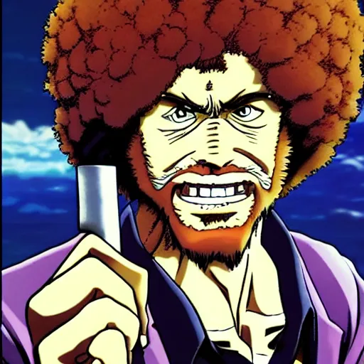 Image similar to Bob Ross in jojo bizarre adventure, anime, Araki style