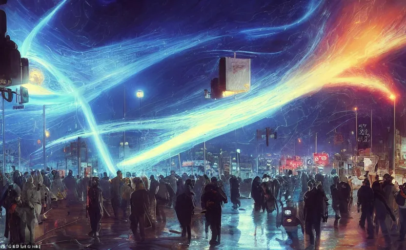 Image similar to people with posters attacking cops, a huge blue spiral - shaped white luminous attractor is floating on the horizon near the sun, stores in los angeles with light screens all over the street, concept art, art for the game, professional lighting, dark night lighting from streetlights, by ilya repin