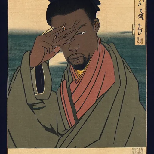 Prompt: GZA rapping, portrait, style of ancient text, hokusai