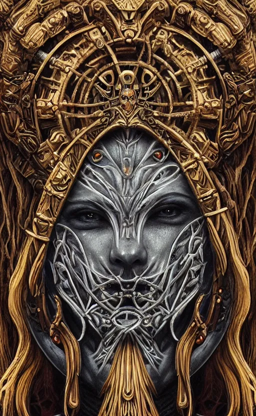 Image similar to Elden Ring themed painting of hybrid majestic aztec warrior fantasy biomechanical human beautiful immortal angel symmetrical face angry mask closeup face breathing mask tattoo pattern golden ratio concept, deep forest psytrance Neo-Gothic concept, infinity glyph waves, intricate artwork masterpiece, very coherent artwork, cinematic, full frontal facial features by Artgerm, Takato Yamamoto, Zdizslaw Beksinski, Johnatan Wayshak, Moebius, Ayami Kojima, very coherent artwork, trending on cgsociety, ultra high quality model, production quality cinema model, high detail chromatic ink outline, octane render, unreal engine 8k, hyper realism, high detail, octane render, unreal engine, 8k, High contrast