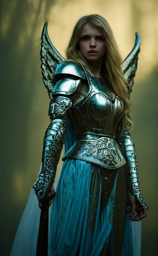 Prompt: angel, low key light, full plate armor with cloth, f 2. 8, bokeh, medium portrait, gentle, female, dark ruins, landscape, d & d, fantasy, intricate, elegant, highly detailed, teal white gold color palette, roger deakins, sharp focus, greg rutkowski and alphonse mucha