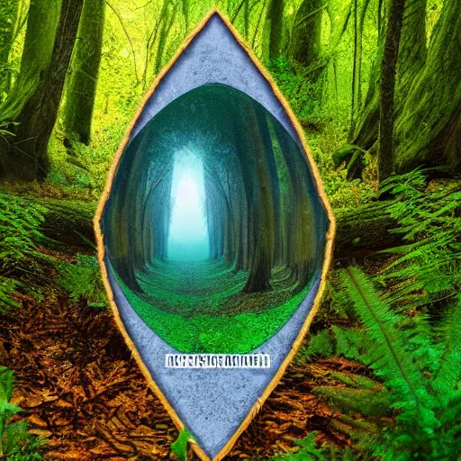 Image similar to a portal in the forest in the shape of a triangle that leads to a psychedelic vapor wave alternate universe, 8k, trees, path