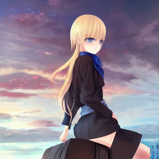Prompt: advanced digital anime art, a seductive female teen with red eyes and blonde hair that is to waist length wearing a dark grey school outfit sitting on a desk in a classroom at golden hour teasingly pulling her skirt. drawn by Shikamimi, WLOP,rossdraws