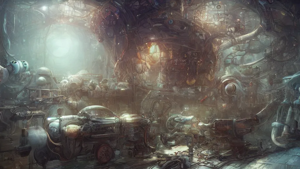 Prompt: engines of a dream coming to life after a long hibernation, incubator medpods, wake cyborgs from hypersleep, by yuumei, bayard wu, wlop, tim white, remedios varos, 4 k