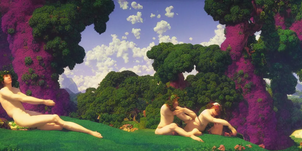 Image similar to a landscape of the Garden of Eden by Maxfield Parrish in a vaporwave style, digital art 8k