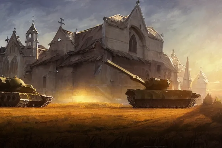 Image similar to concept art of a huge church mounted on a tank aka churchtank in an open field, key visual, ambient lighting, highly detailed, digital painting, artstation, concept art, sharp focus, by makoto shinkai and akihiko yoshida and greg manchess