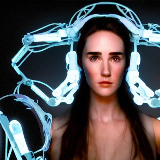 Image similar to beautiful centered Fine art photo portrait of enraptured young Jennifer Connelly as a solarpunk robotic humanoid, white mechanical parts with led lights, photorealistic, white background, highly detailed and intricate, sunset lighting, HDR 8k