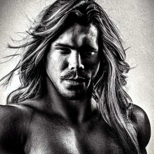 Prompt: lgbt art, tom of finland style, long hair, big muscles, strong, attractive, art in 4 k, high quality