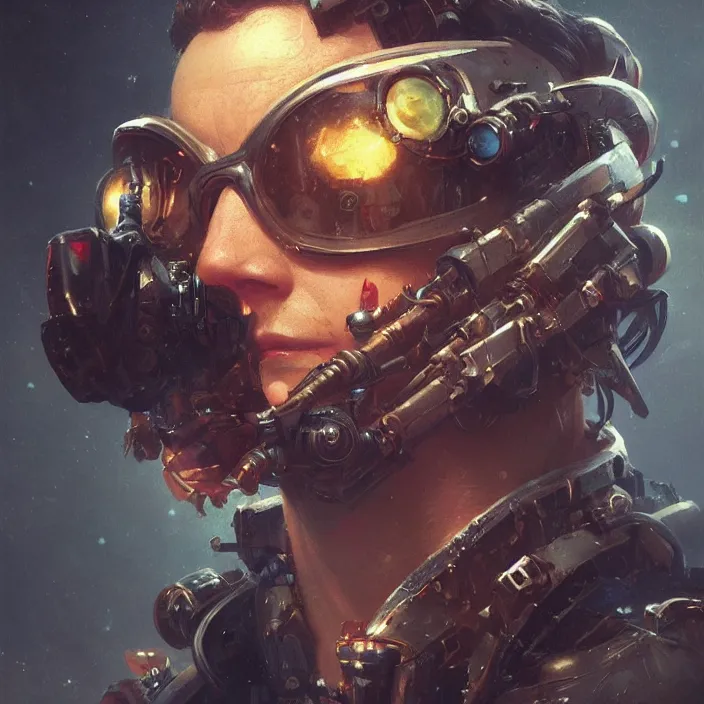 Prompt: a head and shoulders portrait of a space pirate, neon, retro, steampunk, smooth, sharp focus, intricate, artstation, detailed concept art by Greg Rutkowski and Norman Rockwell and Caravaggio