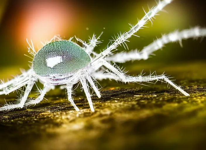 Image similar to super macro of a clear crystal spider with lcd monitor, in the forest. Fantasy magic style. Highly detailed 8k. Intricate. Nikon d850 300mm. Award winning photography.