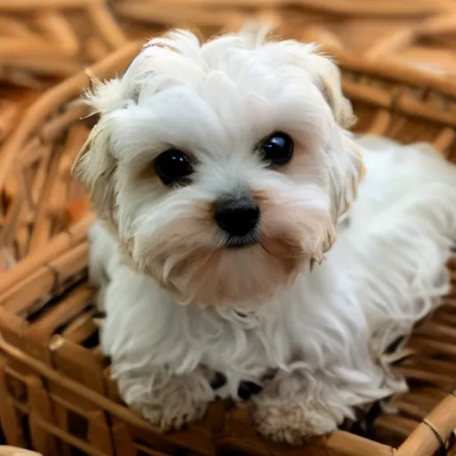 Prompt: white yorkiepoo sitting in a pile of mochi, realistic, hd