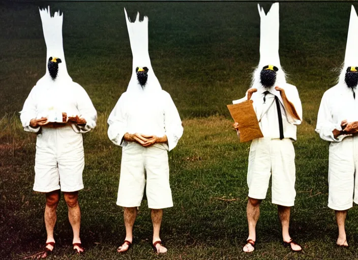Image similar to realistic photo portrait of a three old hairy scientists wearing white shorts, cone heads, holding crows on their faces covered 1 9 9 0, life magazine reportage photo, natural colors