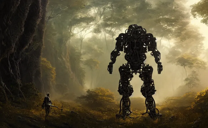 Image similar to detailed intricate digital illustration by greg rutkowski and artgerm and wlop and sanford robinson gifford ; bearded man in an advanced warfare exoskeleton mech suit, standing in the yggdrasil forest large trees ; 1 3 mm film, arri alfa anamorphic lens ; sharp focus, golden hour lighting, trending on artstation 4 k ; close view