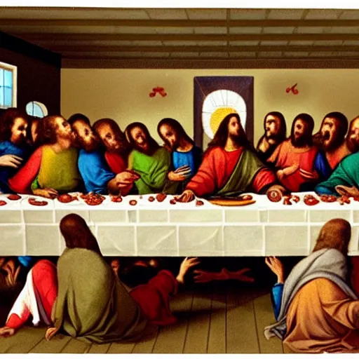 Prompt: jesus having a food fight and screaming in the last supper