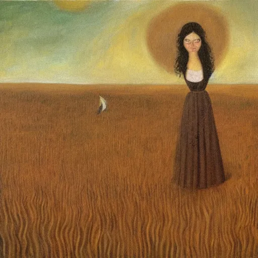 Prompt: by Leonora Carrington, a brown haired giantess rising above a field of wheat. Cats are playing. Oil painting, high res, art museum quality.