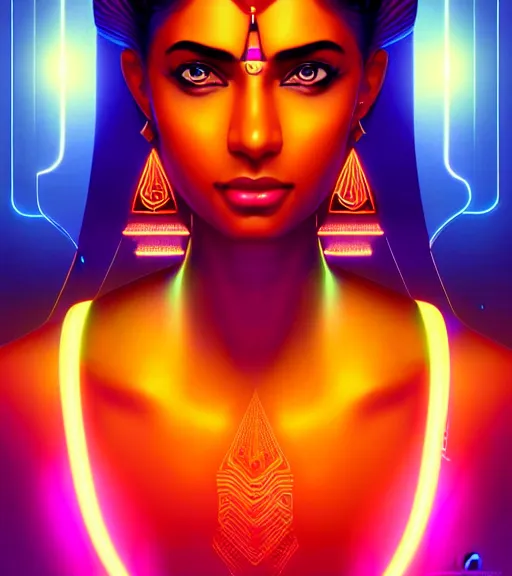 Image similar to symmetry!! indian princess of technology, solid cube of light, hard edges, product render retro - futuristic poster scifi, lasers and neon circuits, brown skin gorgeous indian princess, intricate, elegant, highly detailed, digital painting, artstation, concept art, smooth, sharp focus, illustration, dreamlike, art by artgerm